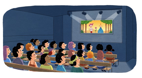 Dessin représentant un public assis devant un spectacle de marionnettes